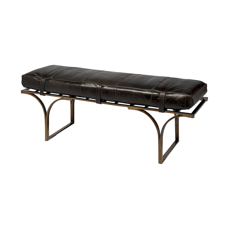 Banc d'appoint en cuir marron avec base en métal noir, 55L x 16W
