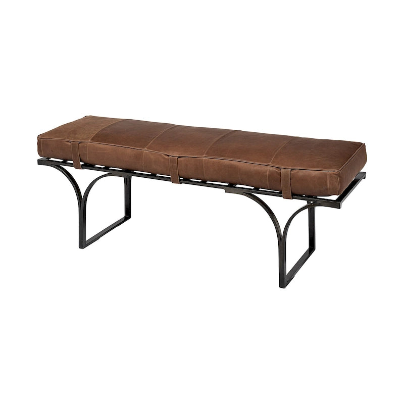 Banc d'appoint en cuir marron avec base en métal noir, 55L x 16W