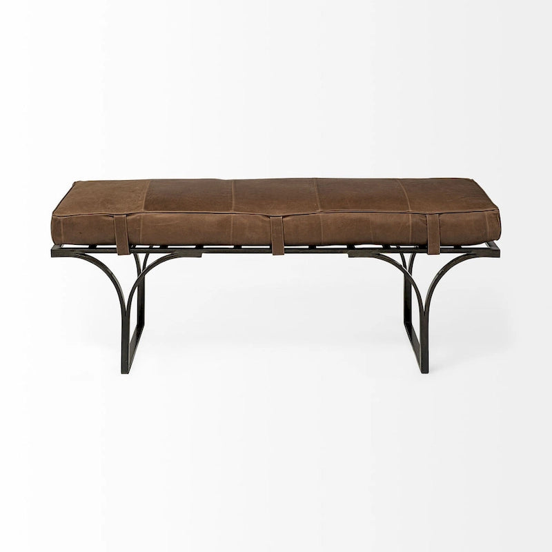 Banc d'appoint en cuir marron avec base en métal noir, 55L x 16W