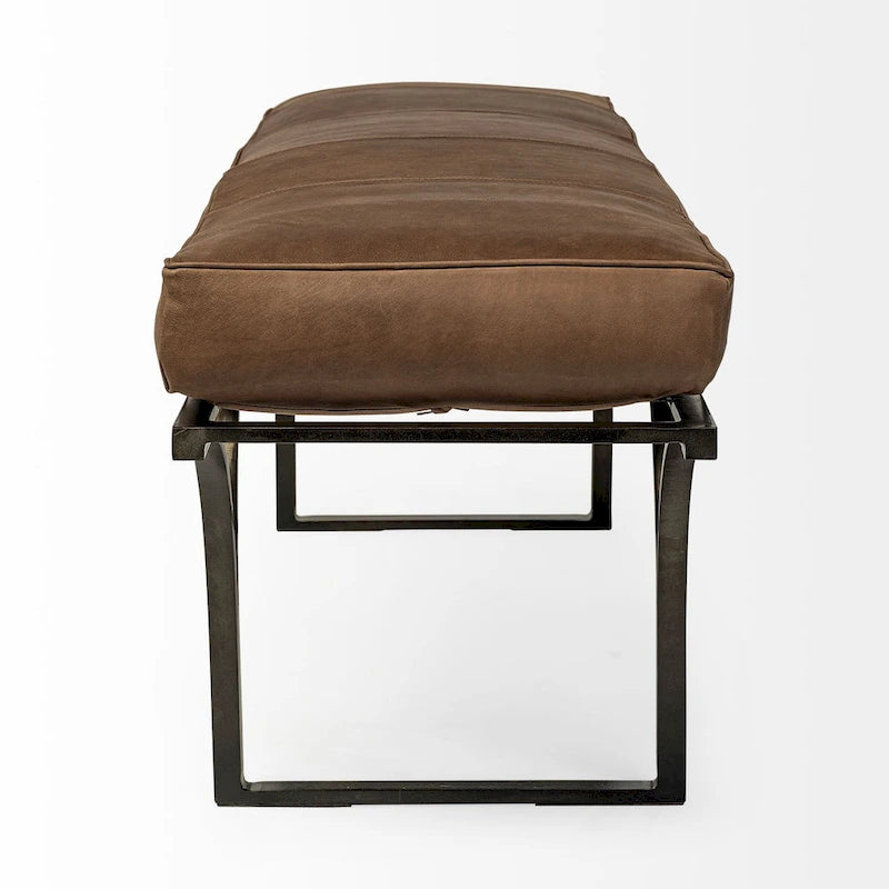 Banc d'appoint en cuir marron avec base en métal noir, 55L x 16W