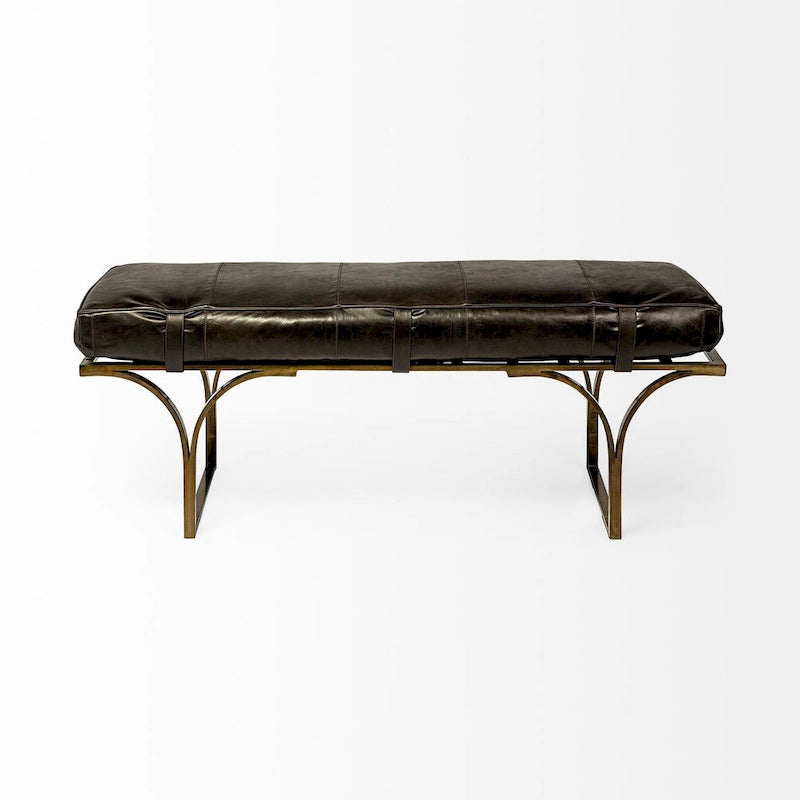 Banc d'appoint en cuir marron avec base en métal noir, 55L x 16W