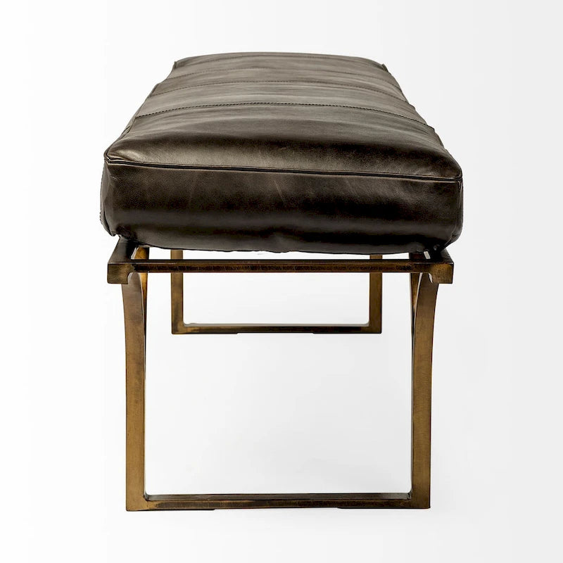 Banc d'appoint en cuir marron avec base en métal noir, 55L x 16W