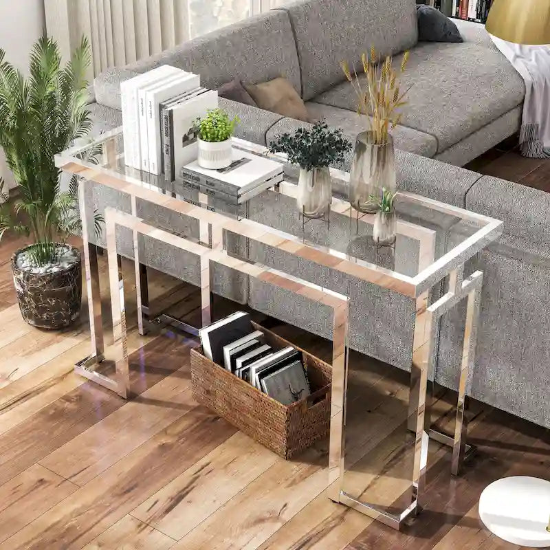 Table de canapé moderne à plateau en verre de 52 pouces