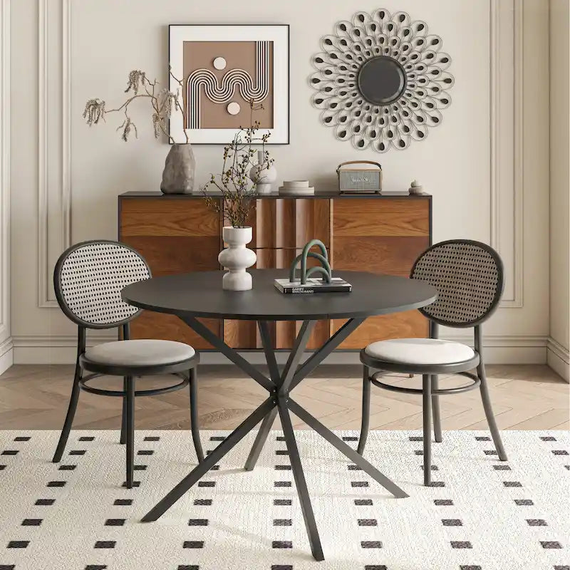 Table à manger ronde à pieds croisés, plateau amovible en deux parties