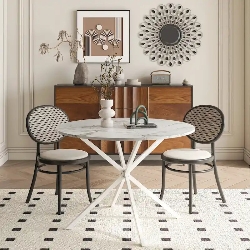 Table à manger ronde à pieds croisés, plateau amovible en deux parties