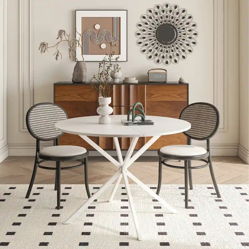 Table à manger ronde à pieds croisés, plateau amovible en deux parties