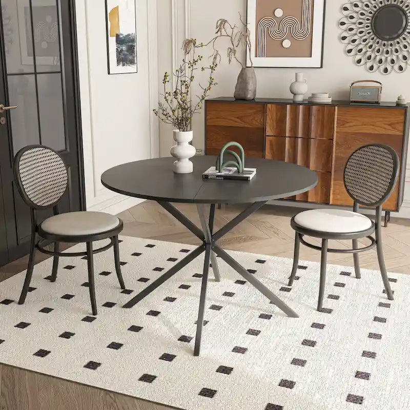 Table à manger ronde à pieds croisés, plateau amovible en deux parties