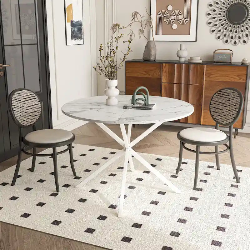 Table à manger ronde à pieds croisés, plateau amovible en deux parties