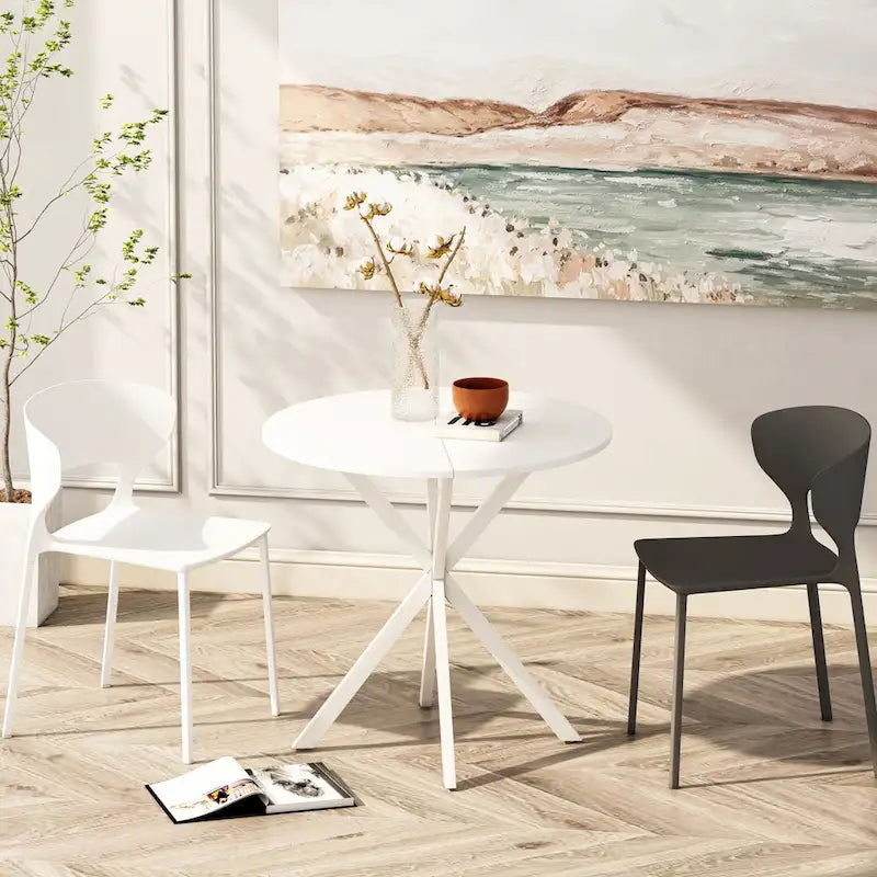 Table à manger ronde à pieds croisés, plateau amovible en deux parties