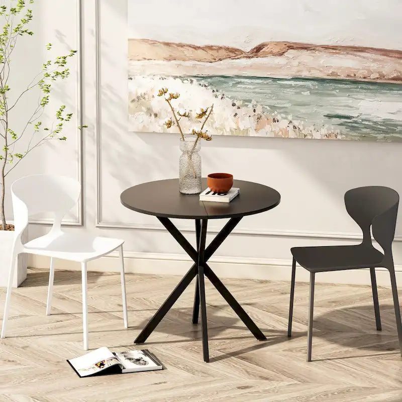 Table à manger ronde à pieds croisés, plateau amovible en deux parties