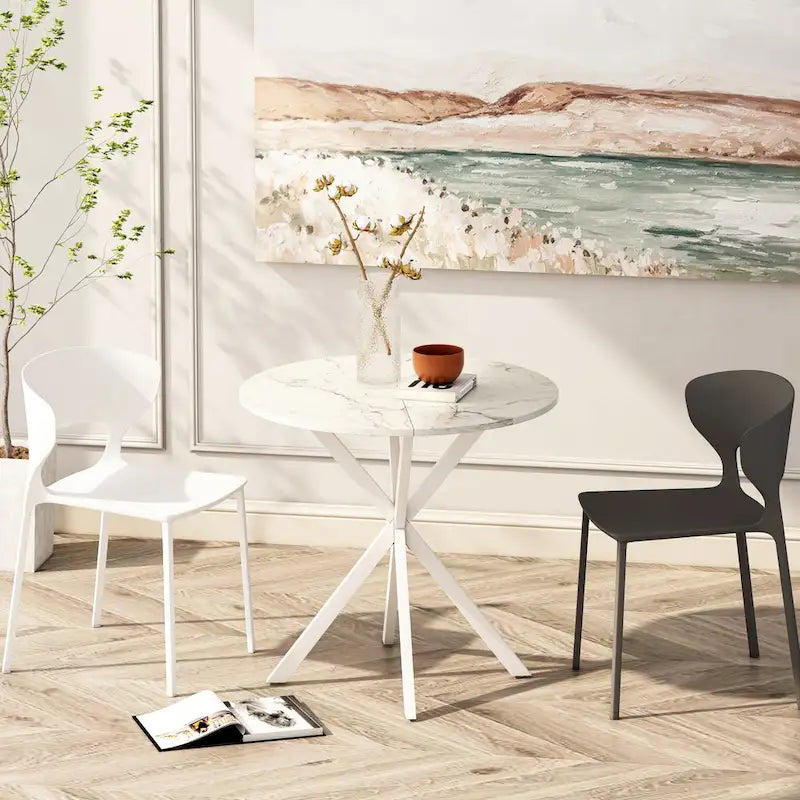 Table à manger ronde à pieds croisés, plateau amovible en deux parties