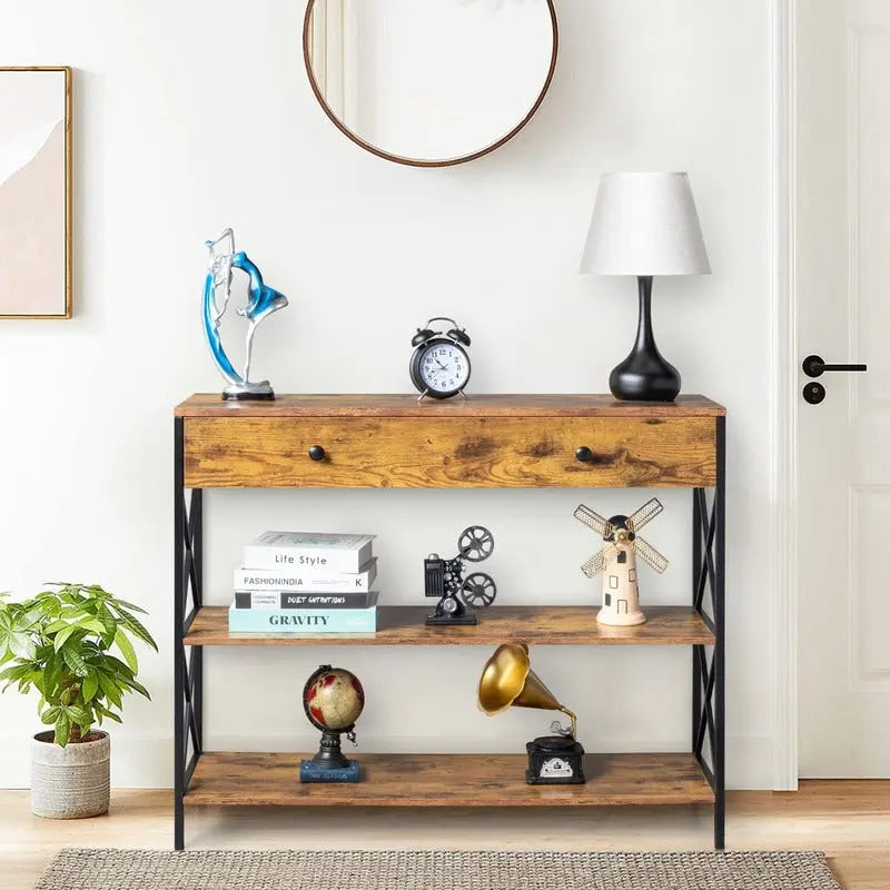 Console de table d'entrée à 3 niveaux avec tiroir et 2 rangements ouverts