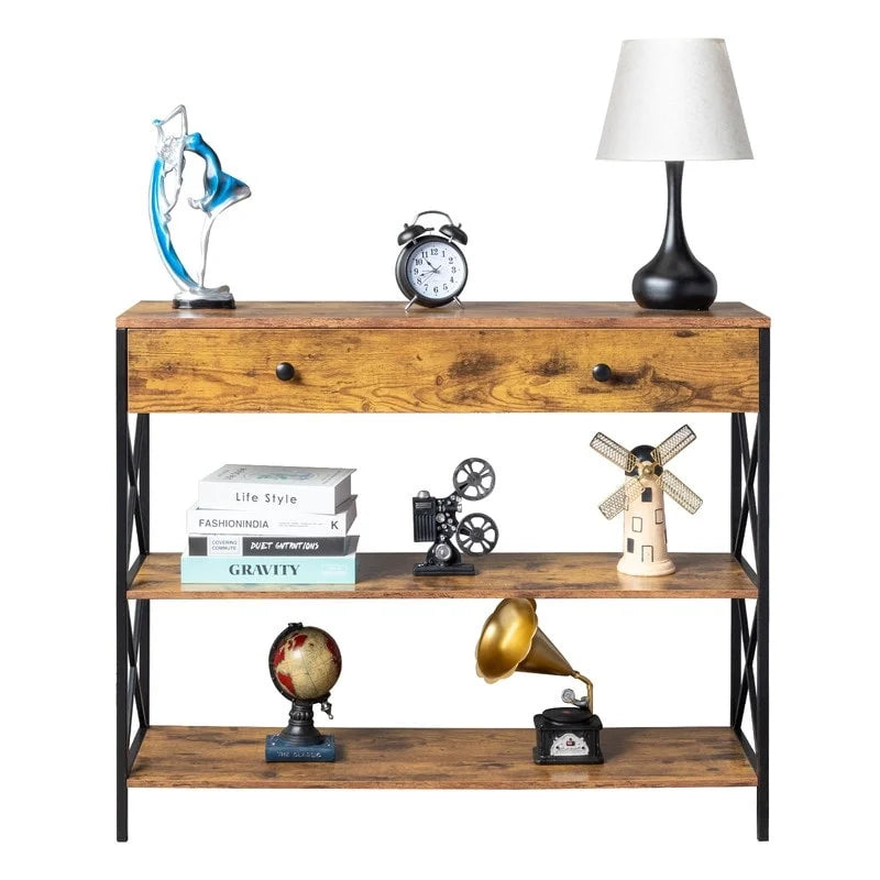 Console de table d'entrée à 3 niveaux avec tiroir et 2 rangements ouverts