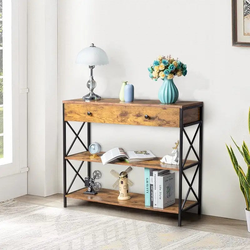 Console de table d'entrée à 3 niveaux avec tiroir et 2 rangements ouverts