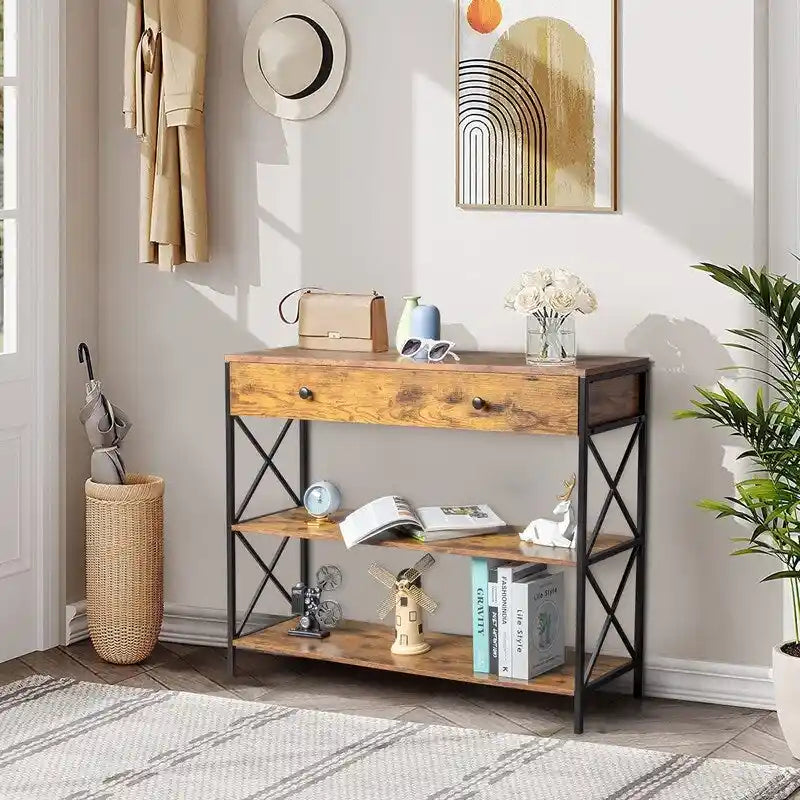 Console de table d'entrée à 3 niveaux avec tiroir et 2 rangements ouverts