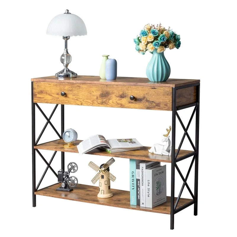 Console de table d'entrée à 3 niveaux avec tiroir et 2 rangements ouverts
