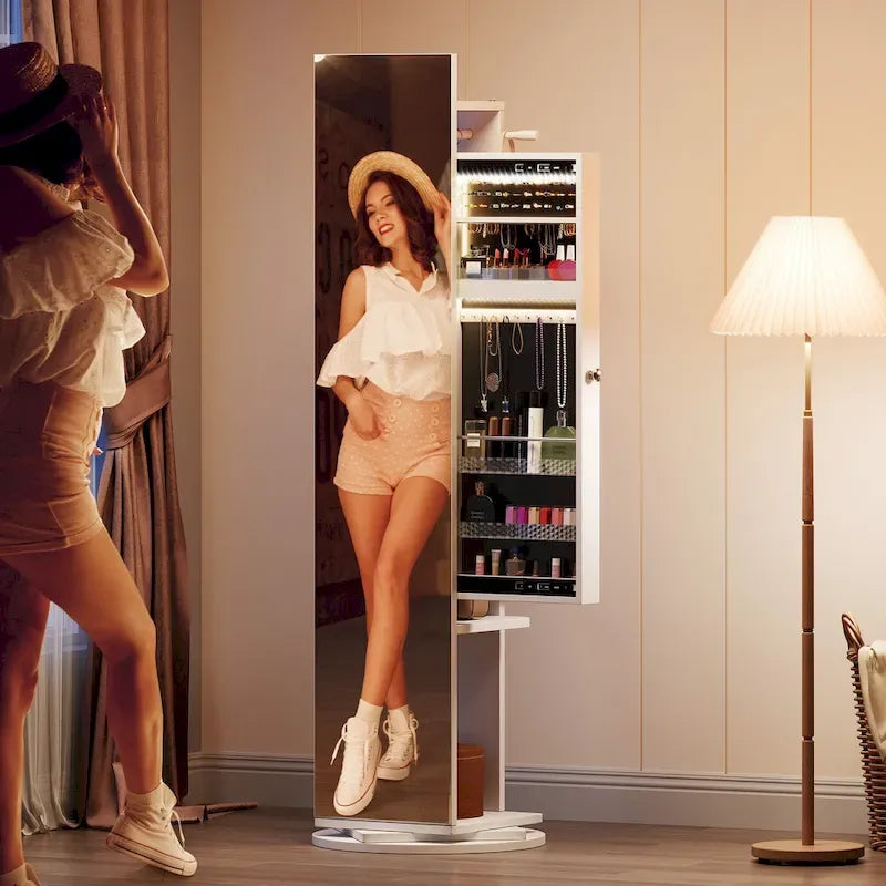 Miroir sur pied avec rangement à bijoux, verrouillable