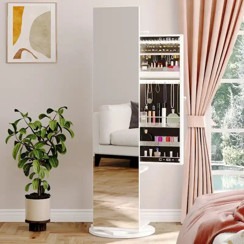 Miroir sur pied avec rangement à bijoux, verrouillable