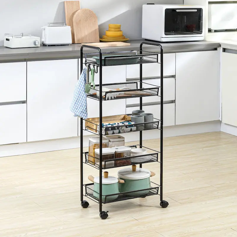 Chariot roulant utilitaire à 5 niveaux, chariot de rangement en métal, chariot de cuisine avec paniers en filet amovibles, noir