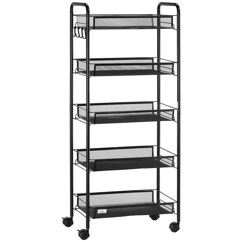 Chariot roulant utilitaire à 5 niveaux, chariot de rangement en métal, chariot de cuisine avec paniers en filet amovibles, noir