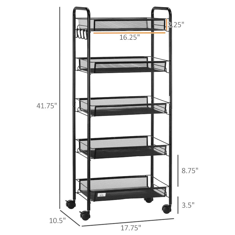 Chariot roulant utilitaire à 5 niveaux, chariot de rangement en métal, chariot de cuisine avec paniers en filet amovibles, noir