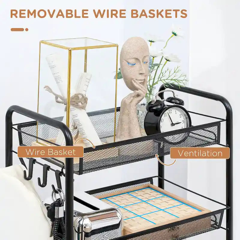Chariot roulant utilitaire à 5 niveaux, chariot de rangement en métal, chariot de cuisine avec paniers en filet amovibles, noir