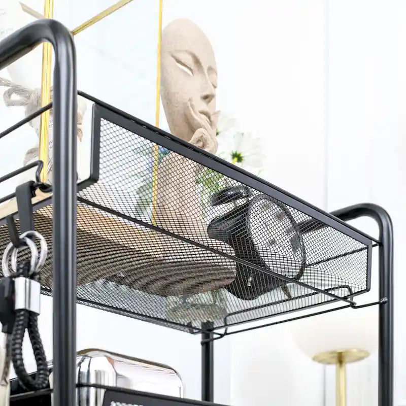 Chariot roulant utilitaire à 5 niveaux, chariot de rangement en métal, chariot de cuisine avec paniers en filet amovibles, noir