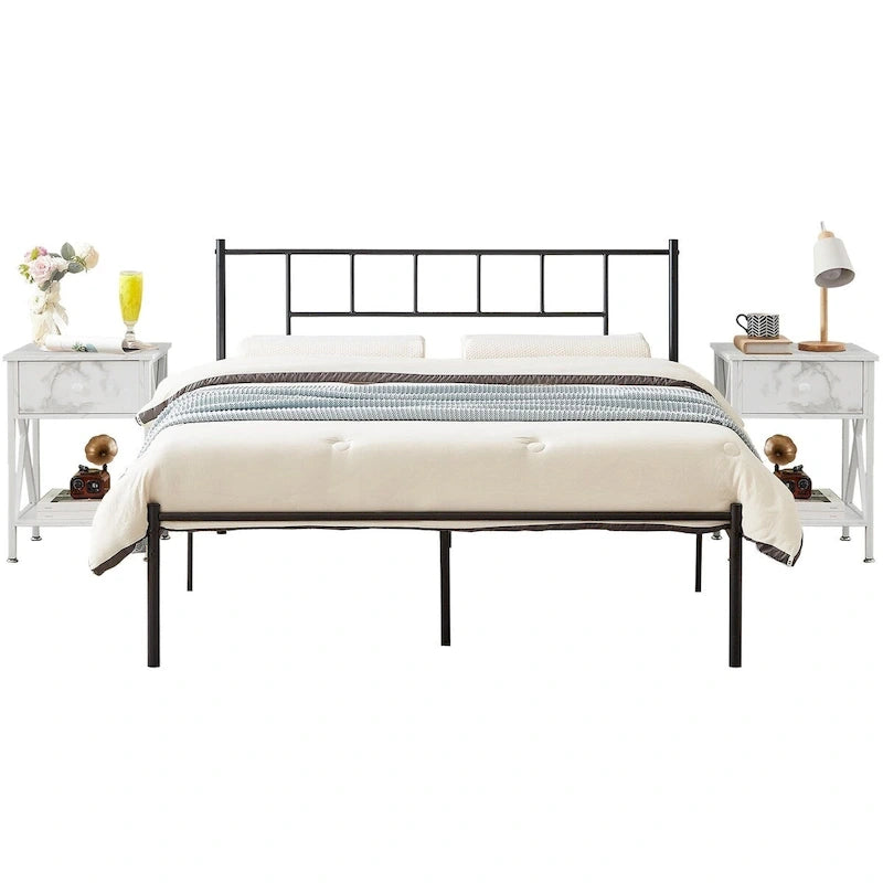 Cadre de lit 3 pièces avec tête de lit en bois et ensemble de 2 tables de chevet modernes