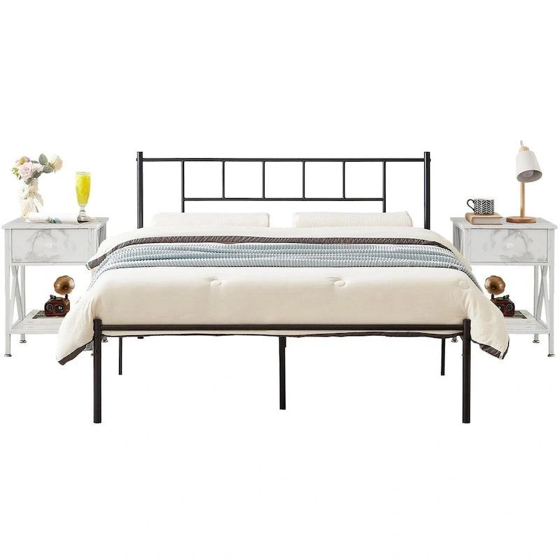 Cadre de lit 3 pièces avec tête de lit en bois et ensemble de 2 tables de chevet modernes