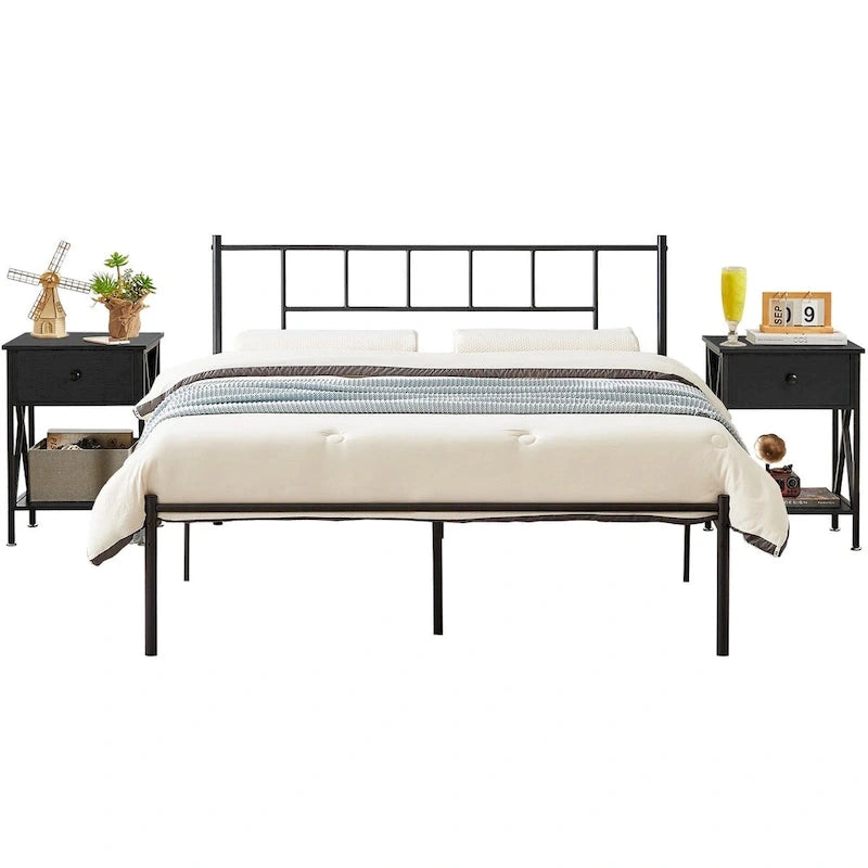 Cadre de lit 3 pièces avec tête de lit en bois et ensemble de 2 tables de chevet modernes