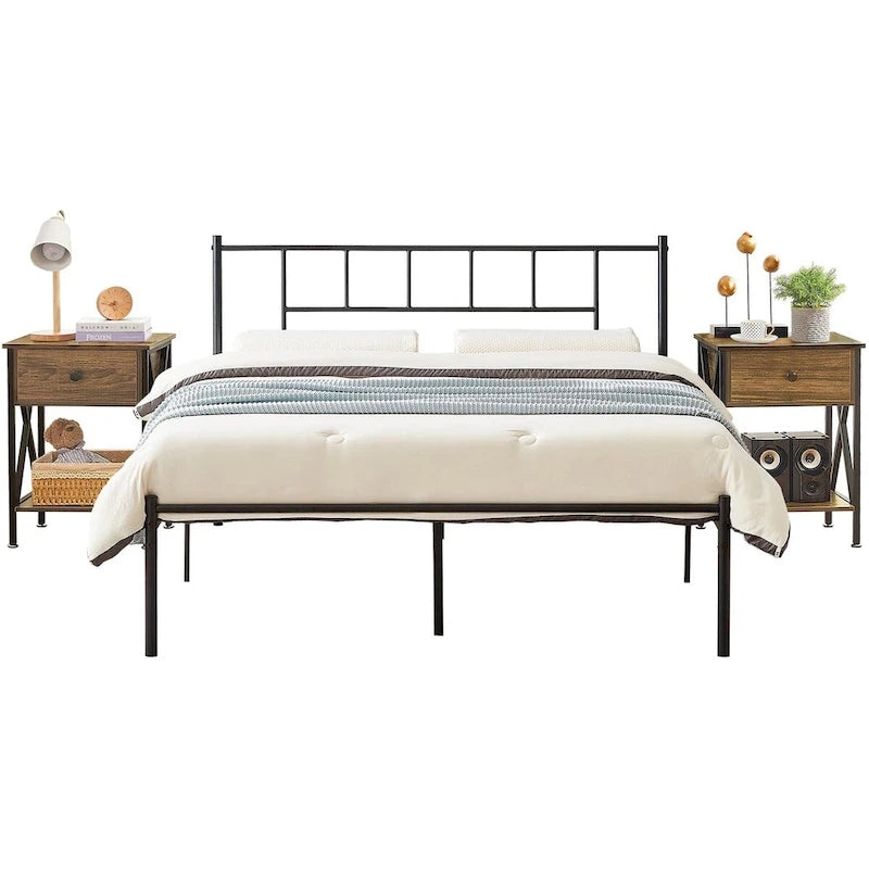 Cadre de lit 3 pièces avec tête de lit en bois et ensemble de 2 tables de chevet modernes