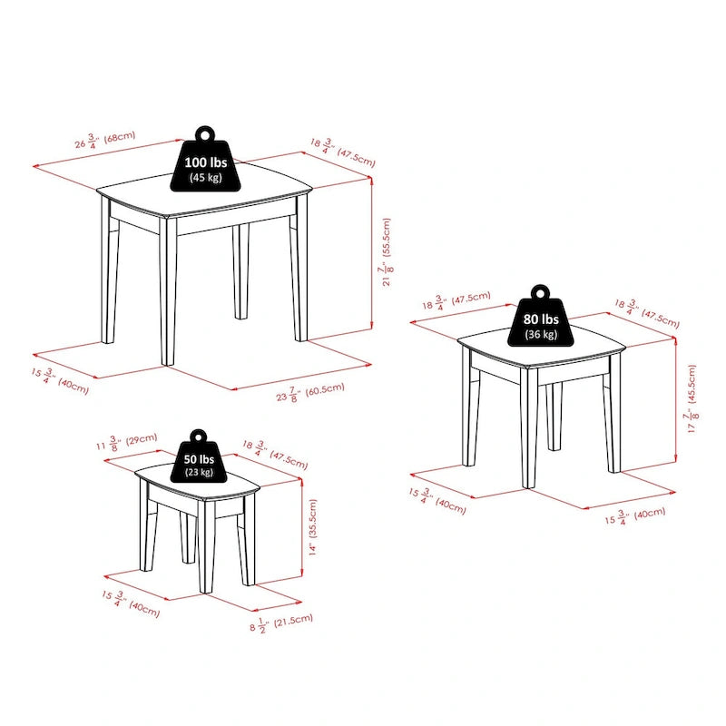 Ensemble de 3 tables gigognes, Noyer - 26,8 x 18,7 x 21,9
