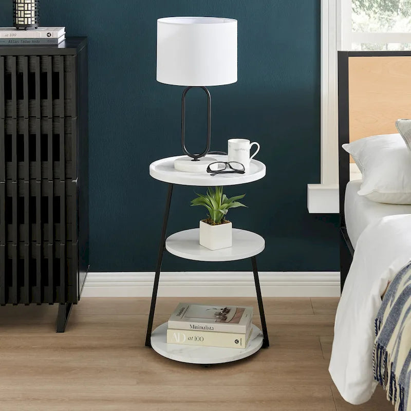 Table d'appoint ronde à 3 niveaux avec plateau à rebord surélevé et pieds asymétriques en métal de style moderne du milieu du siècle
