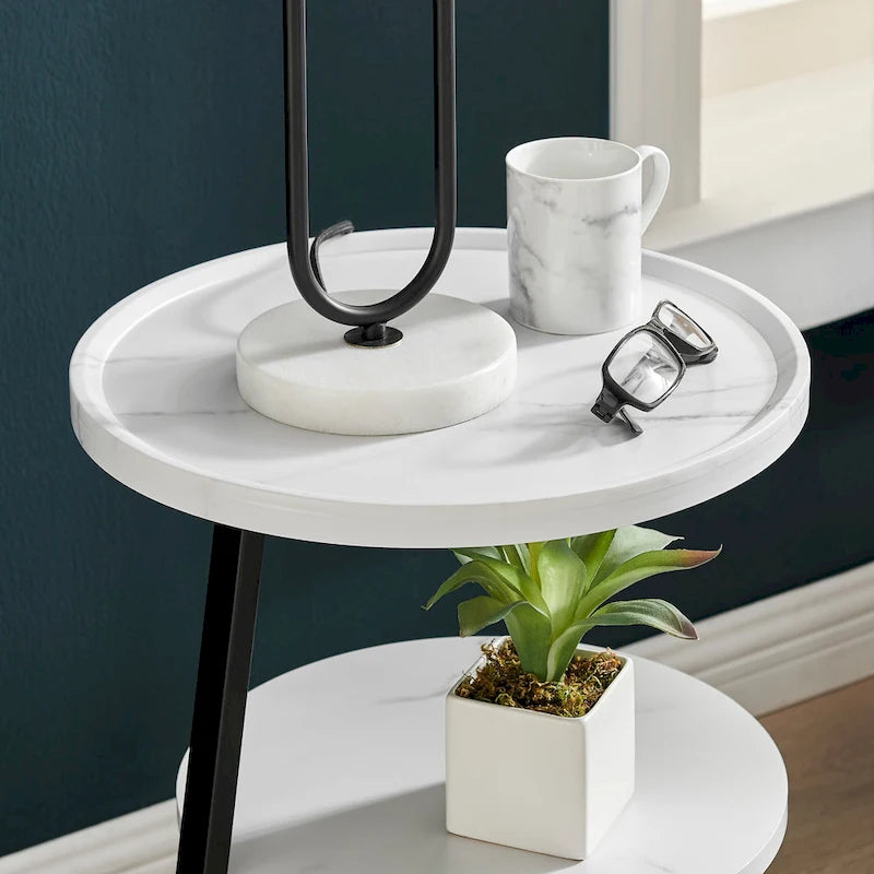 Table d'appoint ronde à 3 niveaux avec plateau à rebord surélevé et pieds asymétriques en métal de style moderne du milieu du siècle