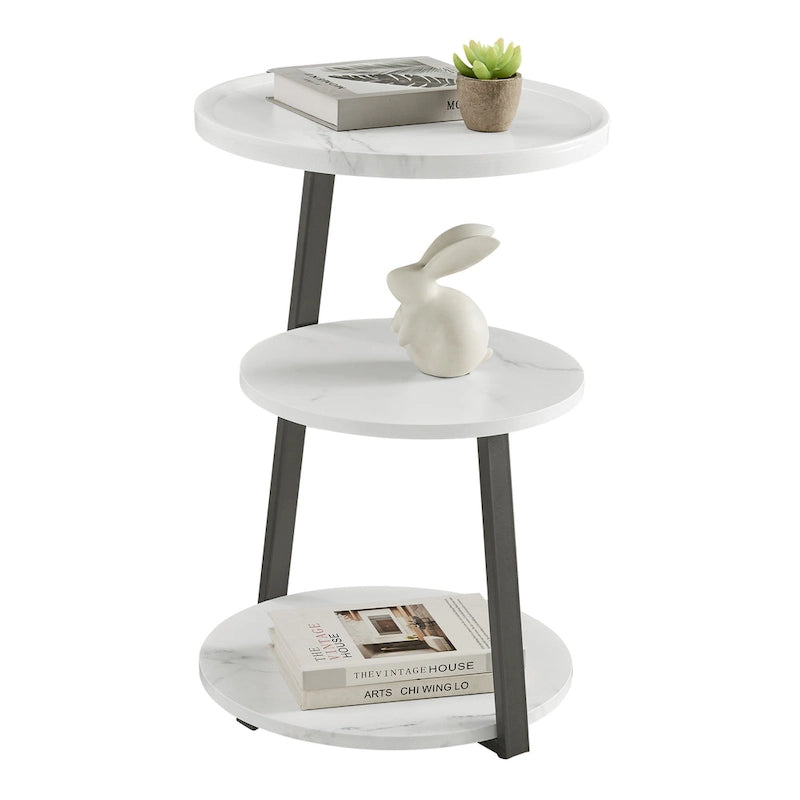 Table d'appoint ronde à 3 niveaux avec plateau à rebord surélevé et pieds asymétriques en métal de style moderne du milieu du siècle
