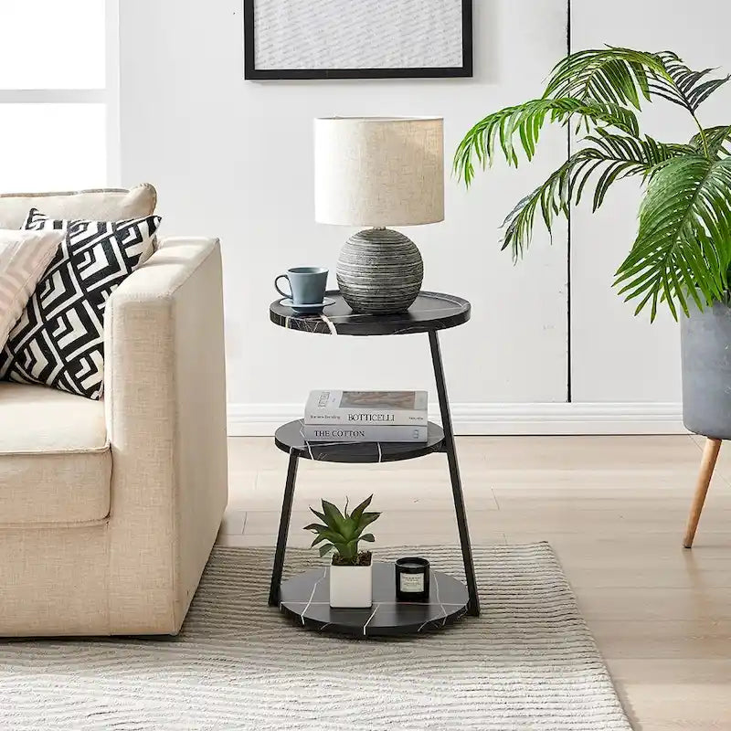 Table d'appoint ronde à 3 niveaux avec plateau à rebord surélevé et pieds asymétriques en métal de style moderne du milieu du siècle