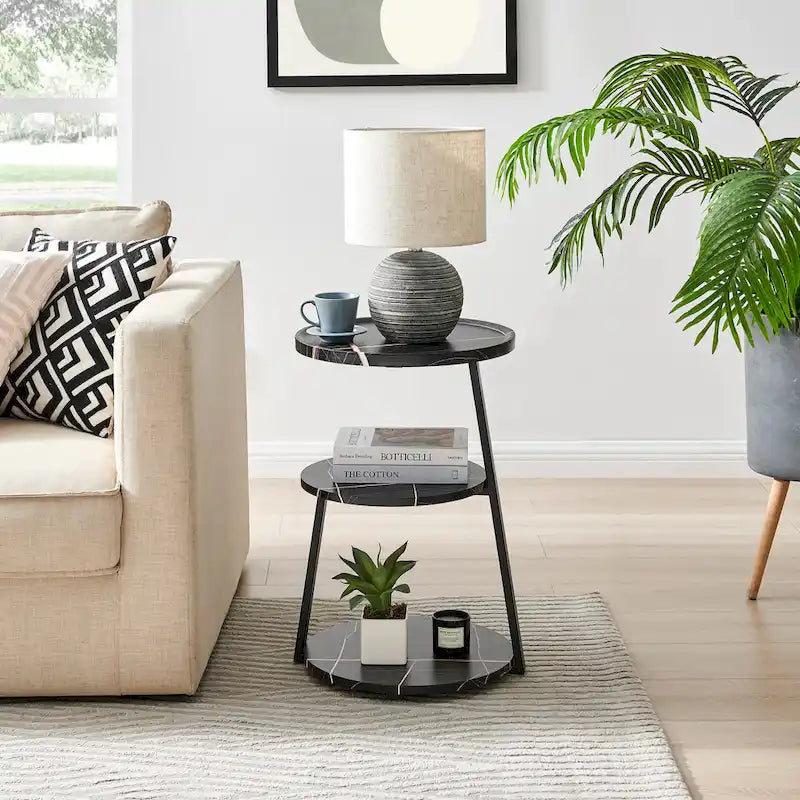 Table d'appoint ronde à 3 niveaux avec plateau à rebord surélevé et pieds asymétriques en métal de style moderne du milieu du siècle