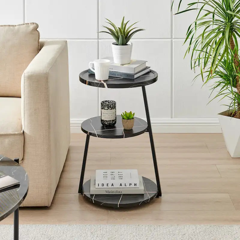 Table d'appoint ronde à 3 niveaux avec plateau à rebord surélevé et pieds asymétriques en métal de style moderne du milieu du siècle