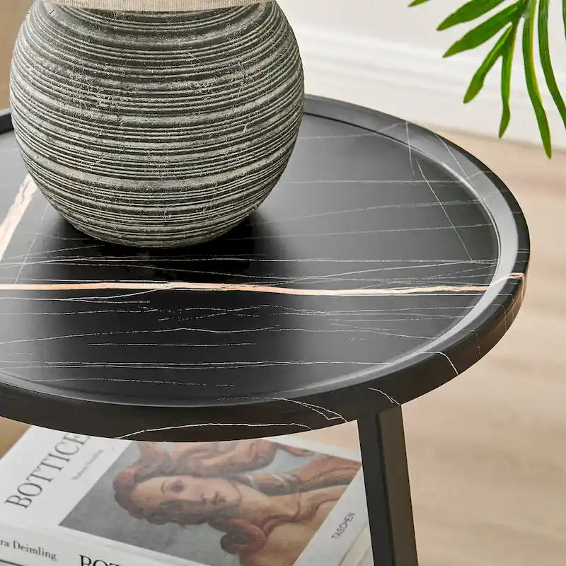 Table d'appoint ronde à 3 niveaux avec plateau à rebord surélevé et pieds asymétriques en métal de style moderne du milieu du siècle