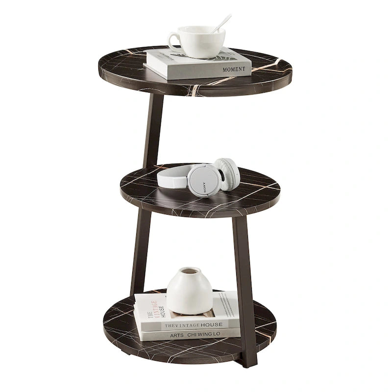 Table d'appoint ronde à 3 niveaux avec plateau à rebord surélevé et pieds asymétriques en métal de style moderne du milieu du siècle