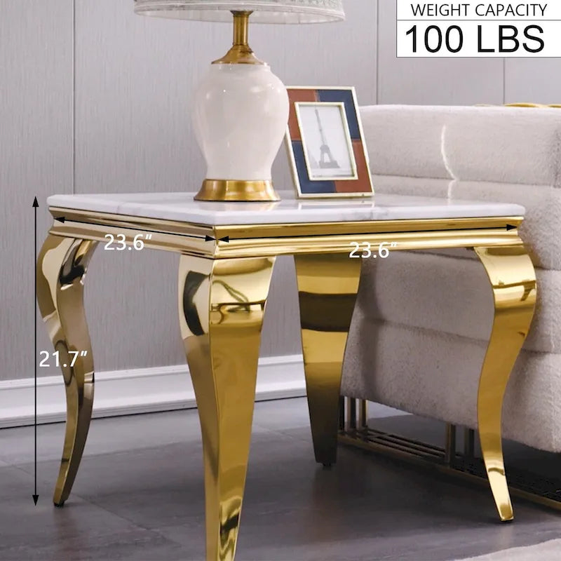 Table d'appoint ou de chevet blanche et dorée avec pieds cabriolets dorés polis