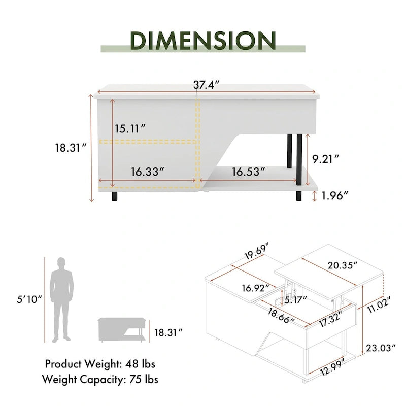 Table basse relevable moderne de 37 pouces