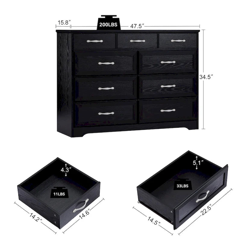 Commode longue à 9 tiroirs pour la chambre à coucher