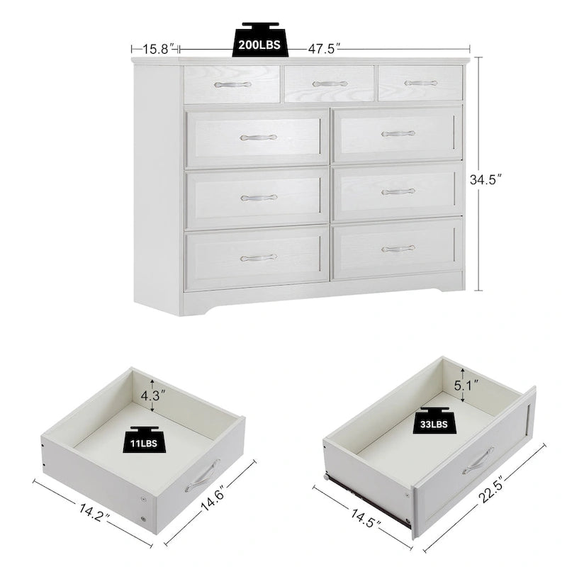 Commode longue à 9 tiroirs pour la chambre à coucher