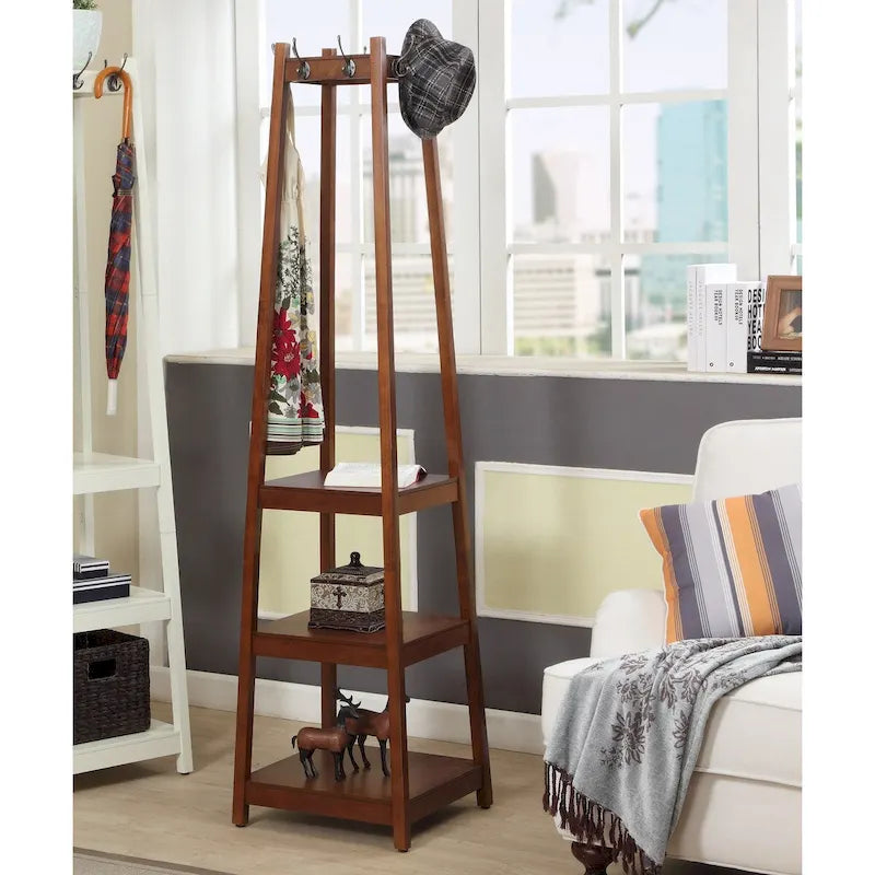 Porte-manteau en bois avec étagères de rangement à 3 niveaux