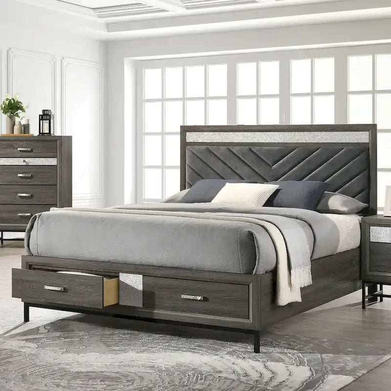 Lit plateforme moderne gris avec rangement