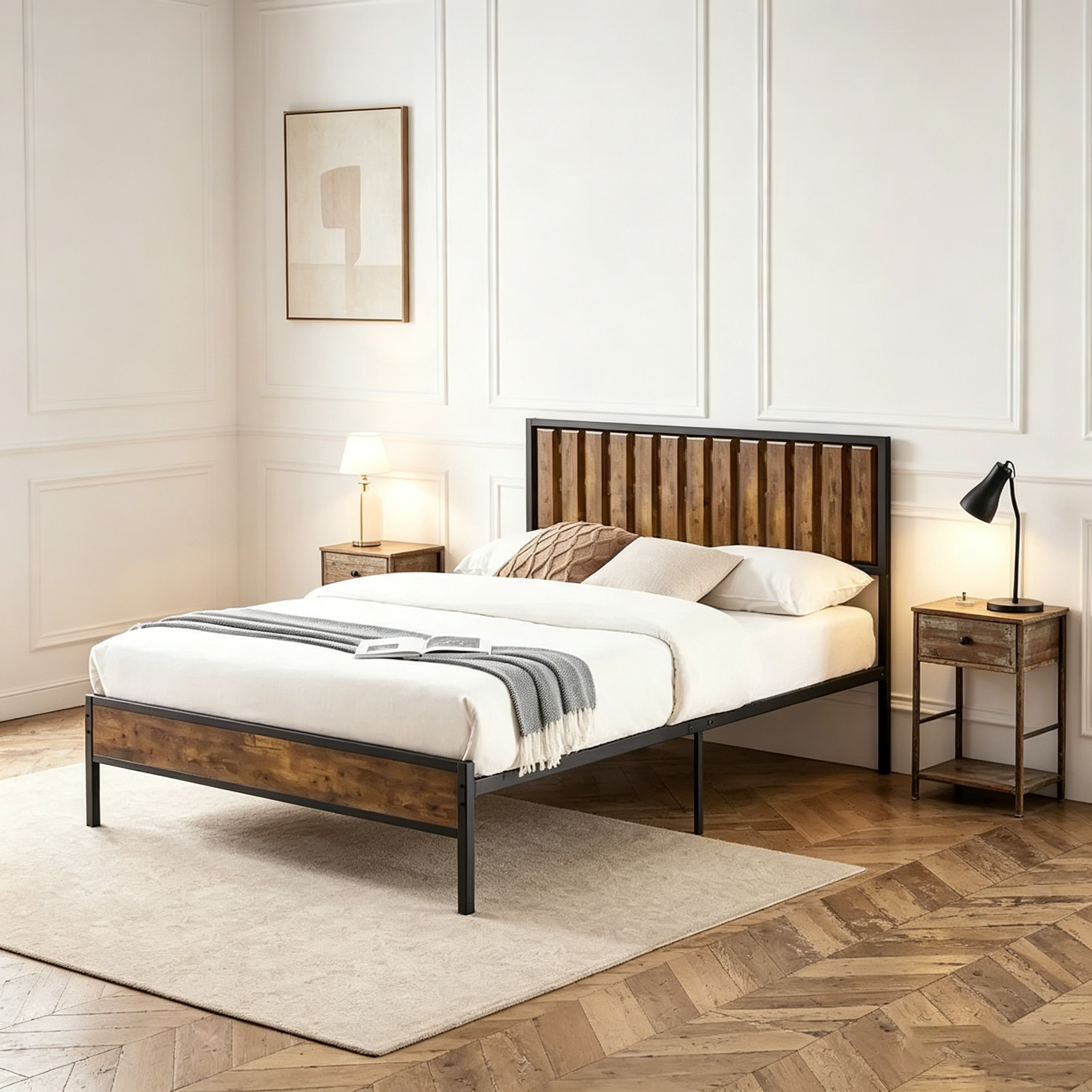 Cadre de lit plateforme, tête de lit en bois rustique vintage