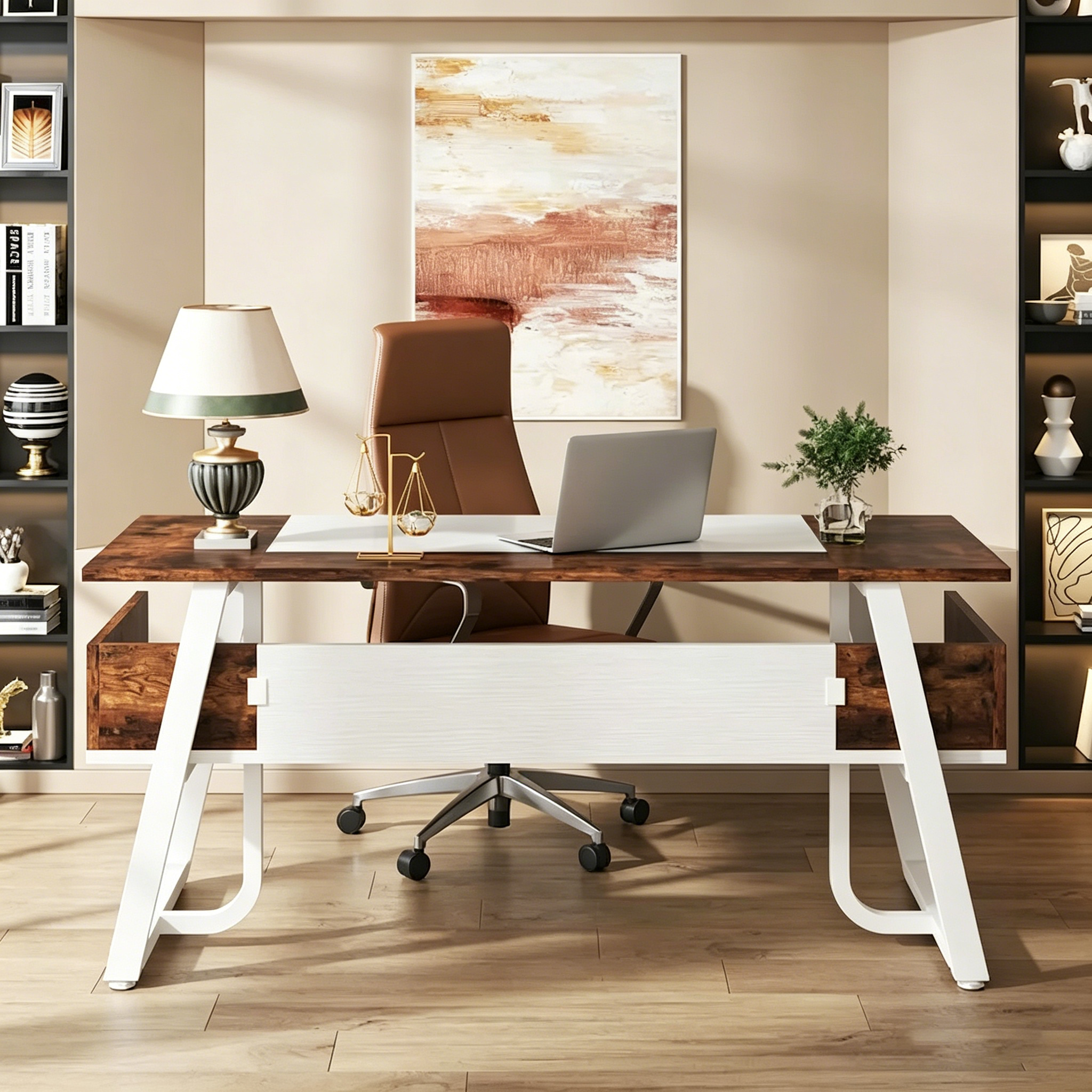 Bureau informatique de 160 cm avec étagères inférieures, grand bureau de direction