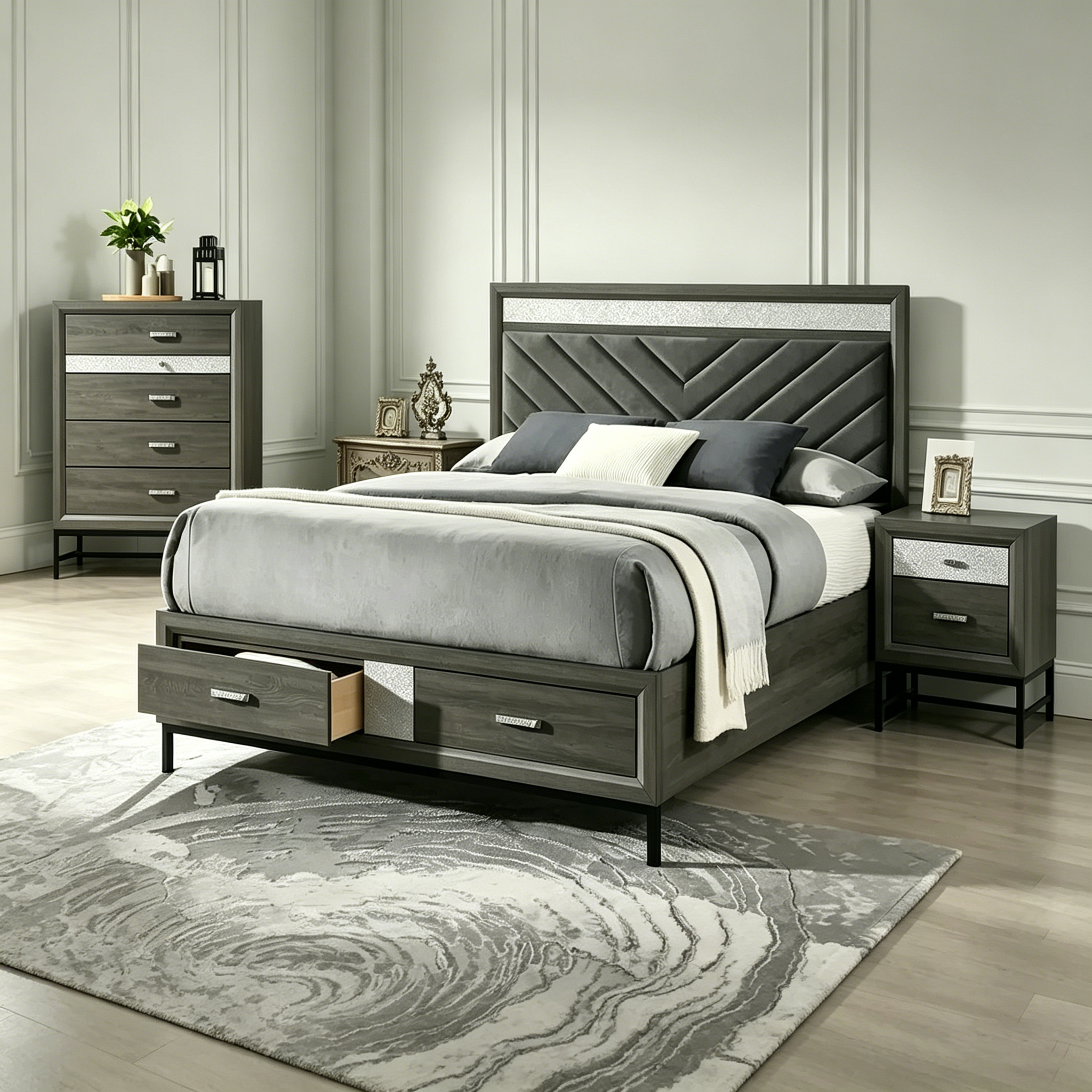 Lit plateforme moderne gris avec rangement